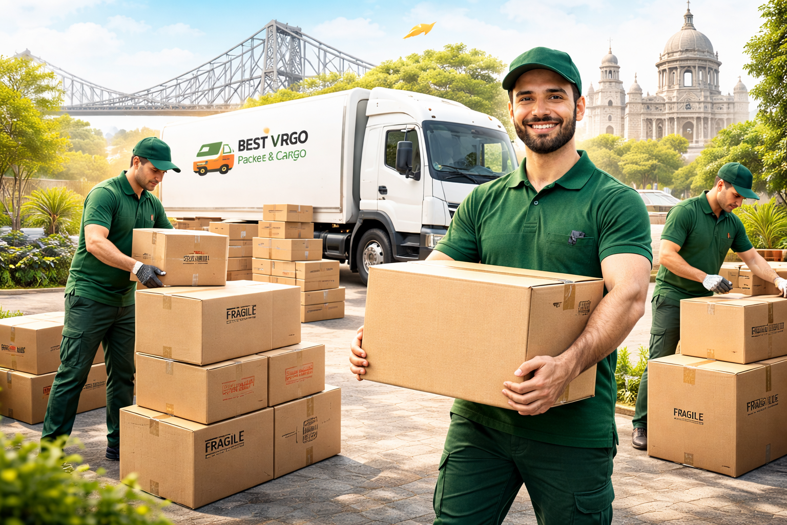 Packers and movers team in Kolkata with boxes and truck